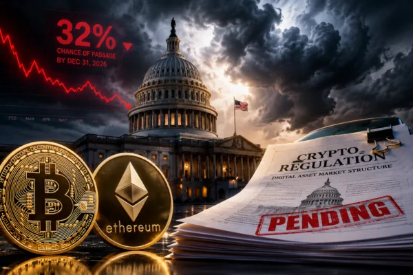 Illustration of the U.S. Capitol with Bitcoin and Ethereum coins symbolizing uncertainty over the CLARITY Act and U.S. cryptocurrency regulation.