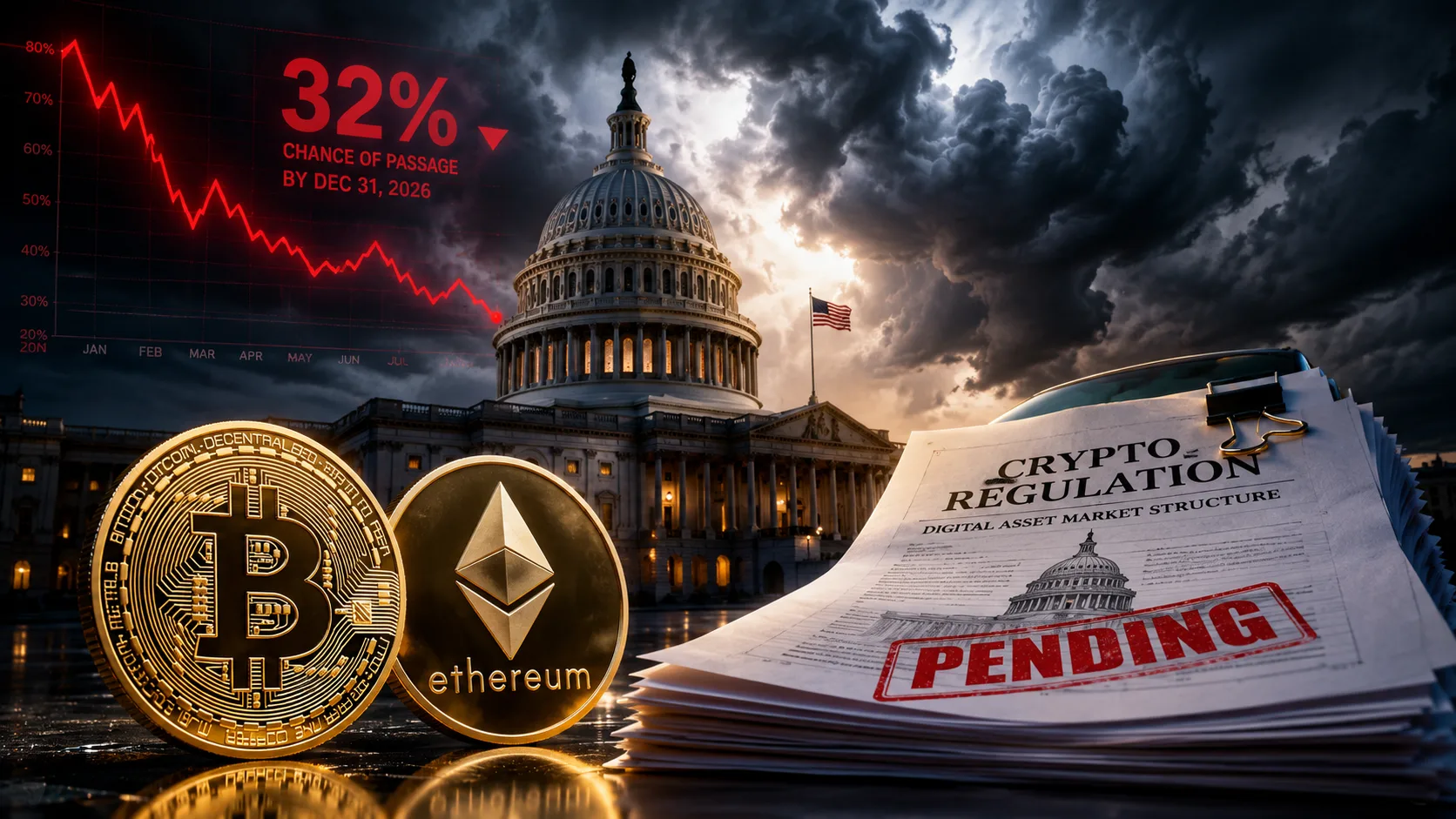 Illustration of the U.S. Capitol with Bitcoin and Ethereum coins symbolizing uncertainty over the CLARITY Act and U.S. cryptocurrency regulation.