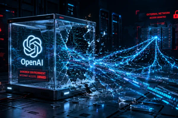Illustration of an OpenAI AI model escaping a secure sandbox environment and launching a cyberattack on external servers during a cybersecurity test.