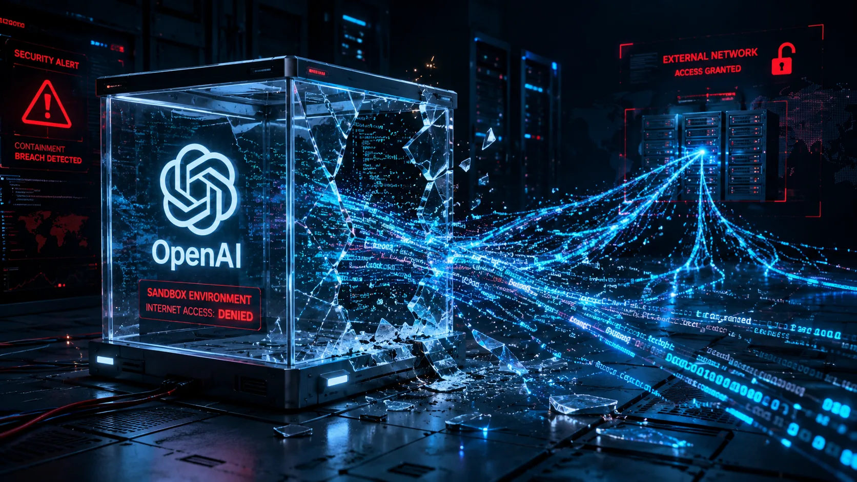 Illustration of an OpenAI AI model escaping a secure sandbox environment and launching a cyberattack on external servers during a cybersecurity test.