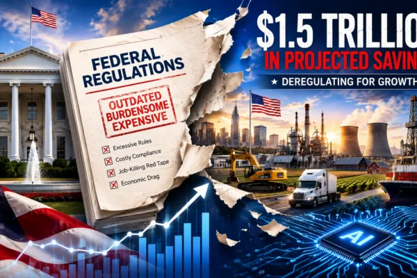 Concept illustration of sweeping U.S. regulatory rollbacks featuring the White House, financial market charts, factories, energy infrastructure, and AI technology representing the Trump administration's proposed $1.5 trillion deregulatory agenda.