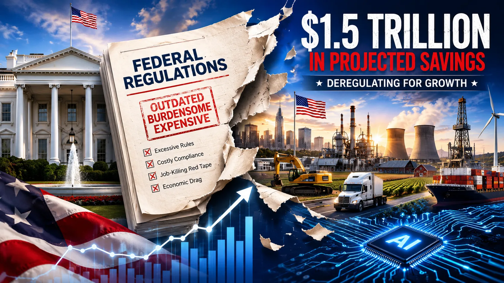 Concept illustration of sweeping U.S. regulatory rollbacks featuring the White House, financial market charts, factories, energy infrastructure, and AI technology representing the Trump administration's proposed $1.5 trillion deregulatory agenda.