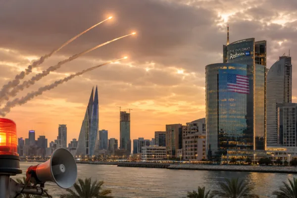 Iran warning Gulf nations as missile trails cross the Bahrain skyline near U.S.-linked hotels and businesses