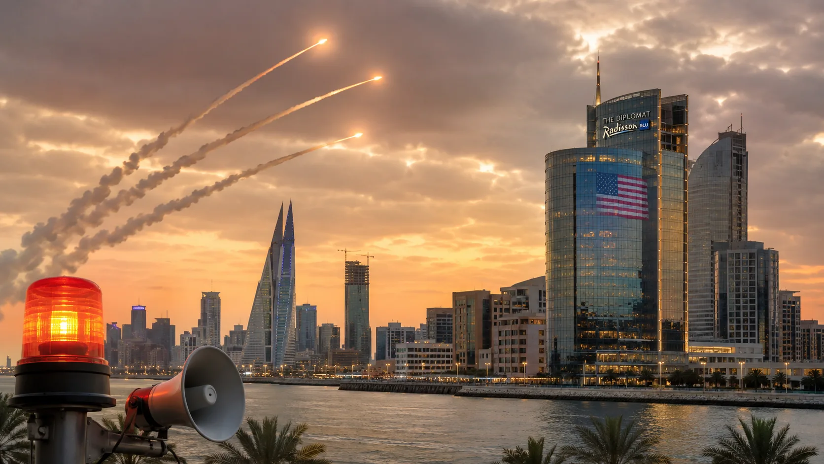 Iran warning Gulf nations as missile trails cross the Bahrain skyline near U.S.-linked hotels and businesses