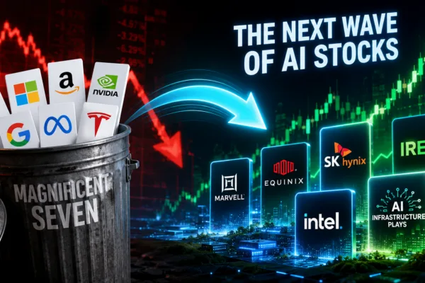 Illustration showing retail investors shifting from the Magnificent Seven to emerging AI stocks, highlighting AI infrastructure, semiconductor companies, and next-generation technology investments.