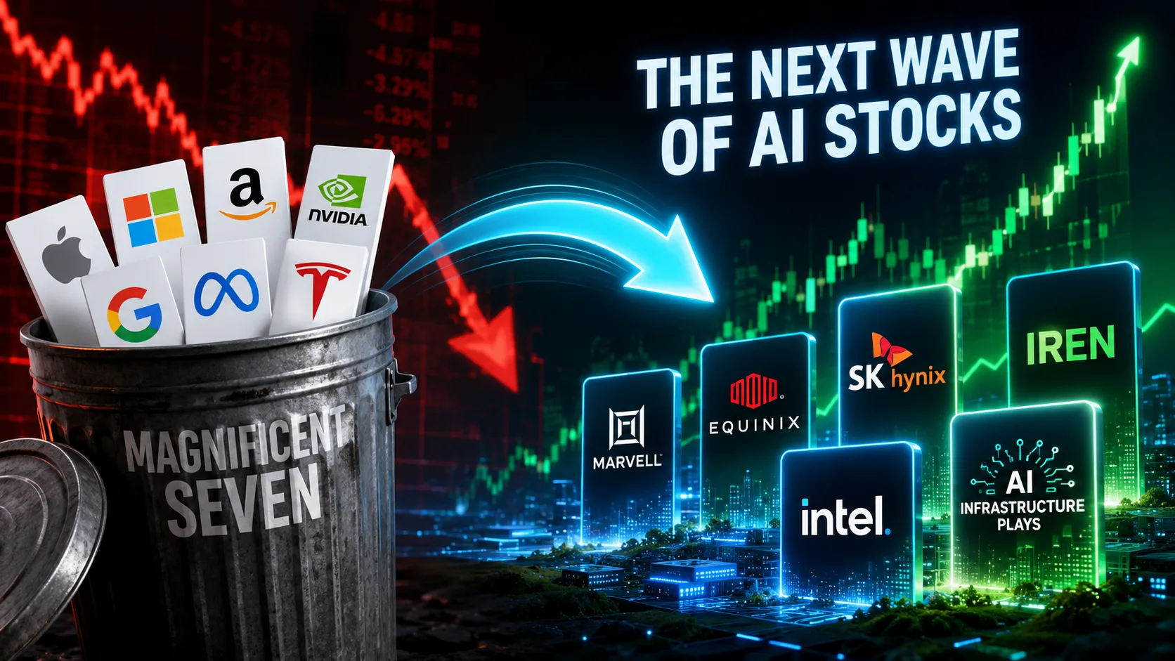 Illustration showing retail investors shifting from the Magnificent Seven to emerging AI stocks, highlighting AI infrastructure, semiconductor companies, and next-generation technology investments.