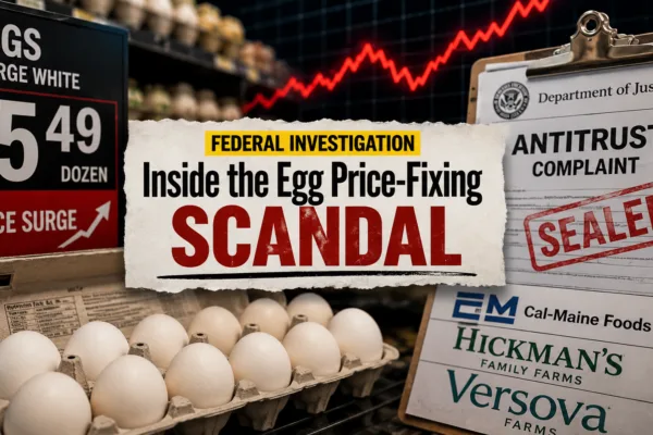 Carton of eggs beside rising grocery prices and a Justice Department antitrust complaint symbolizing the federal investigation into alleged egg price-fixing by major U.S. egg producers.