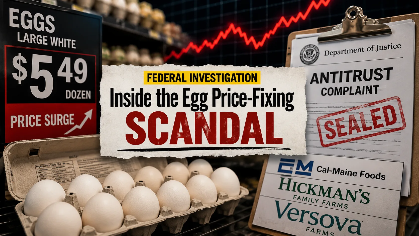 Carton of eggs beside rising grocery prices and a Justice Department antitrust complaint symbolizing the federal investigation into alleged egg price-fixing by major U.S. egg producers.