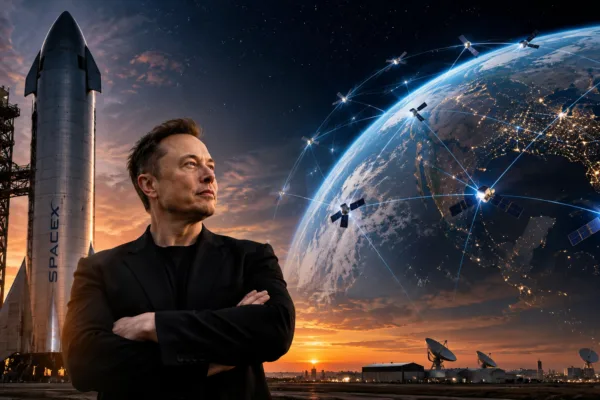 Elon Musk stands beside a SpaceX Starship rocket as Earth and a network of satellites appear in the background, symbolizing the company's long-term ambitions.