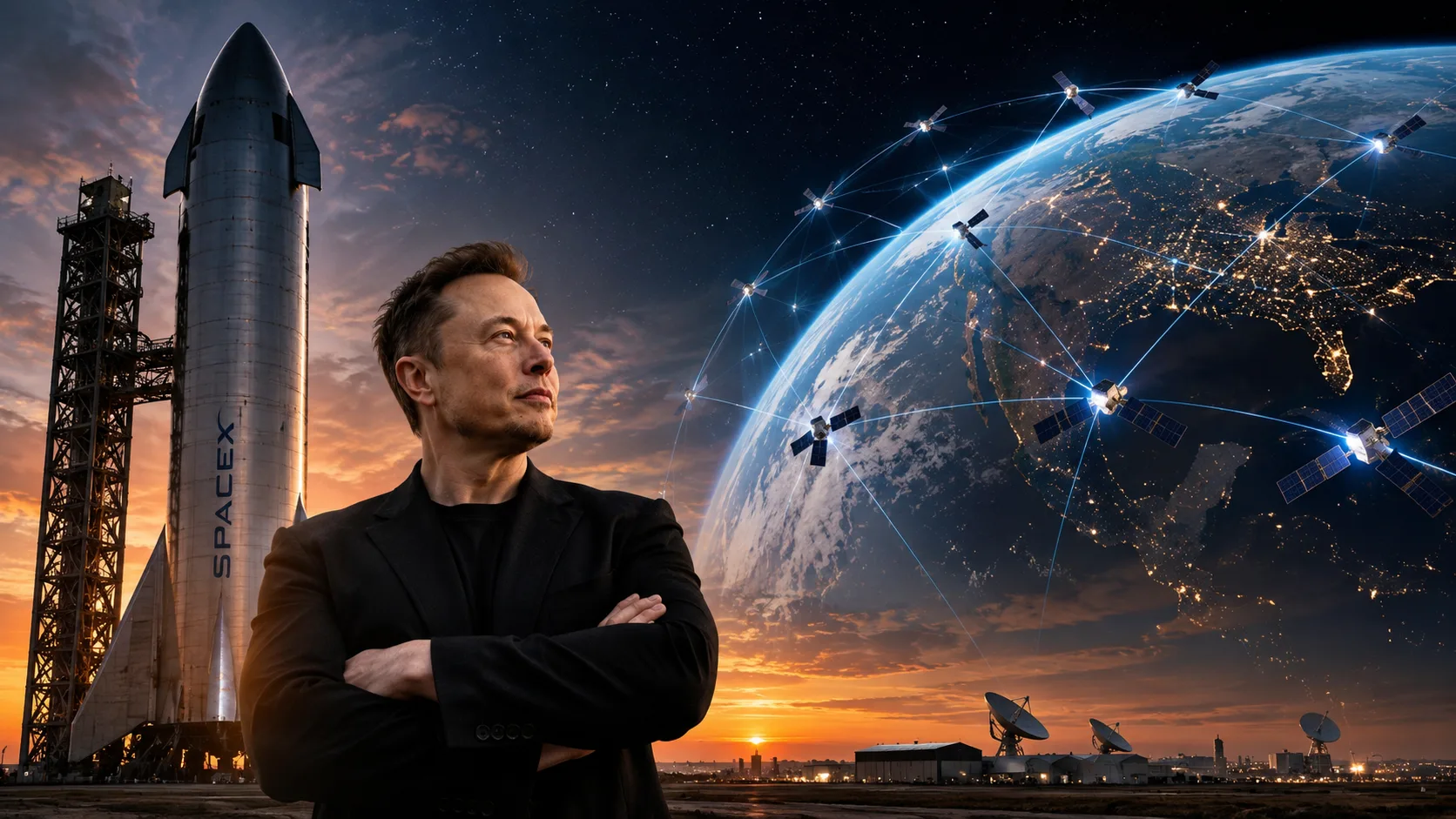 Elon Musk stands beside a SpaceX Starship rocket as Earth and a network of satellites appear in the background, symbolizing the company's long-term ambitions.