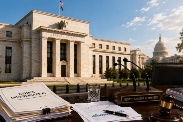 Federal Reserve building with Senate hearing table and ethics investigation documents representing scrutiny of Federal Reserve leadership.