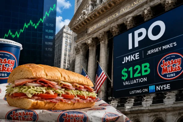 Jersey Mike's IPO illustration showing a Jersey Mike's sandwich in front of the New York Stock Exchange with a $12 billion valuation display, highlighting the company's upcoming public offering.