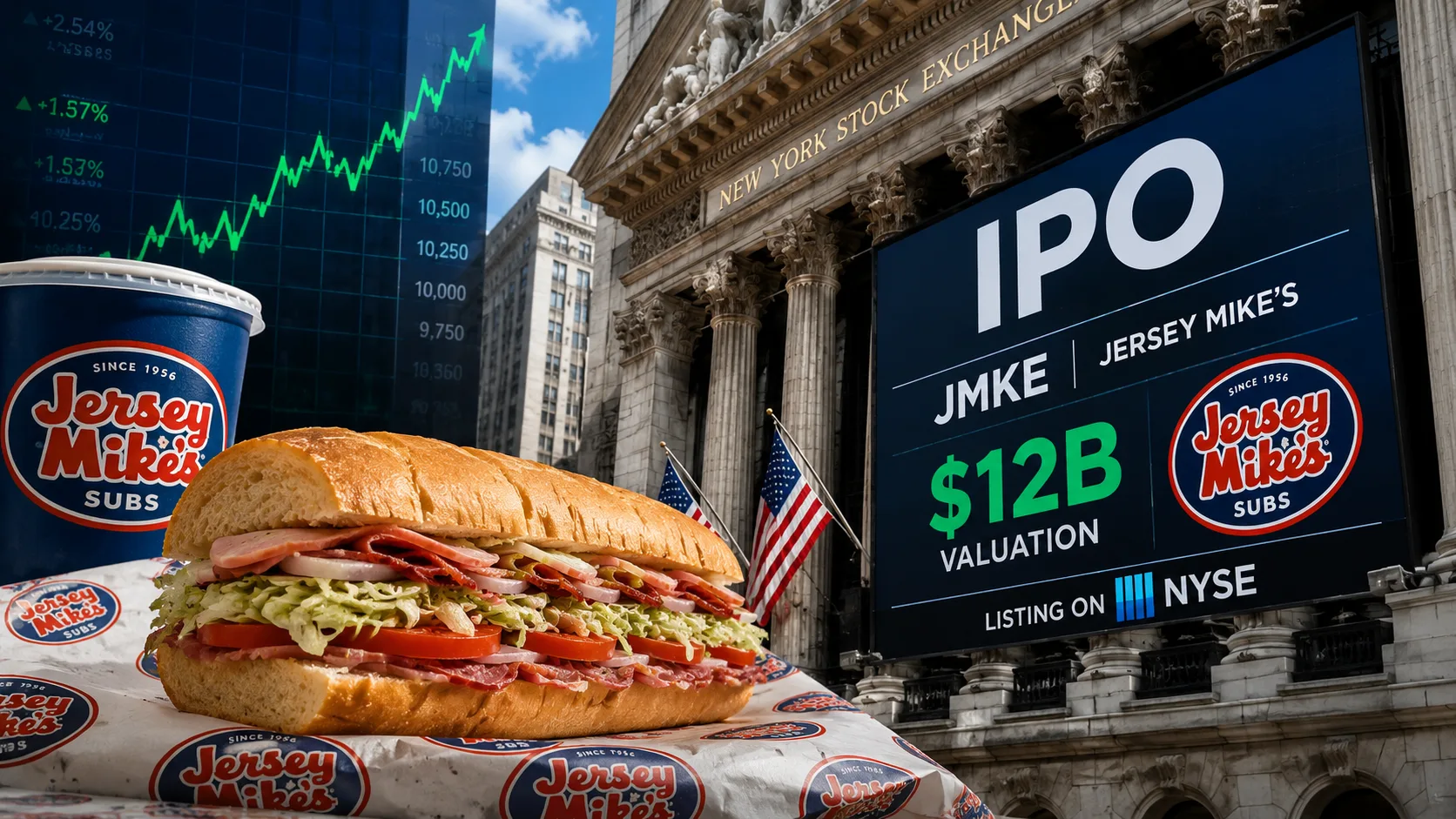 Jersey Mike's IPO illustration showing a Jersey Mike's sandwich in front of the New York Stock Exchange with a $12 billion valuation display, highlighting the company's upcoming public offering.