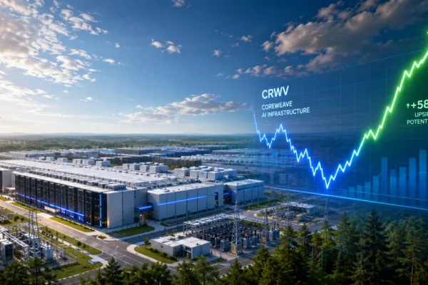 A modern AI data center representing CoreWeave's cloud infrastructure as Wall Street analysts see potential upside following the company's recent stock decline.