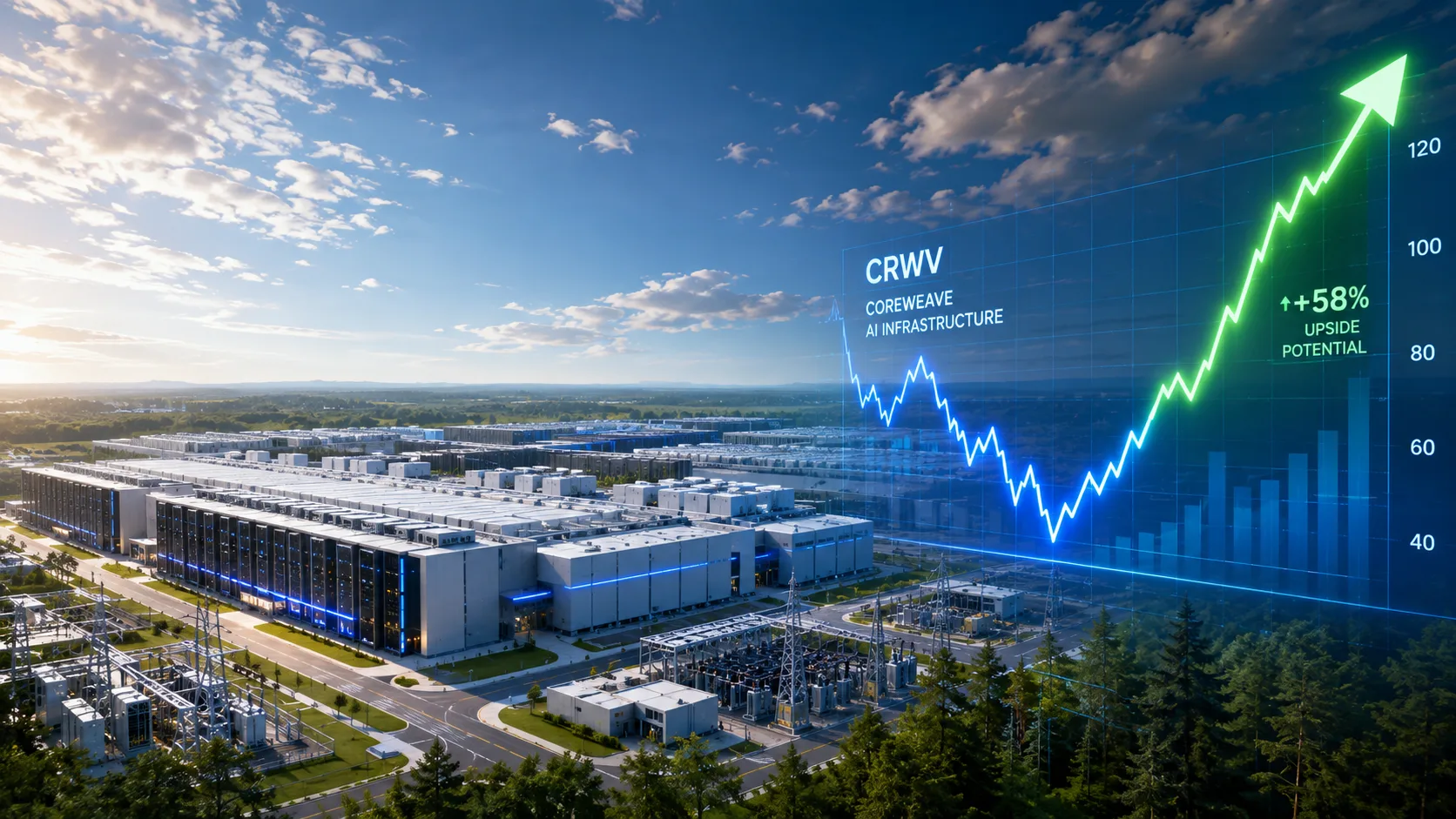 A modern AI data center representing CoreWeave's cloud infrastructure as Wall Street analysts see potential upside following the company's recent stock decline.