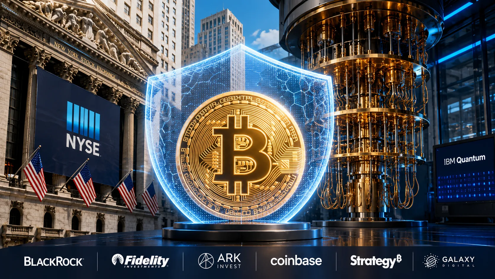 Glowing Bitcoin protected by a digital shield beside a quantum computer and the New York Stock Exchange.