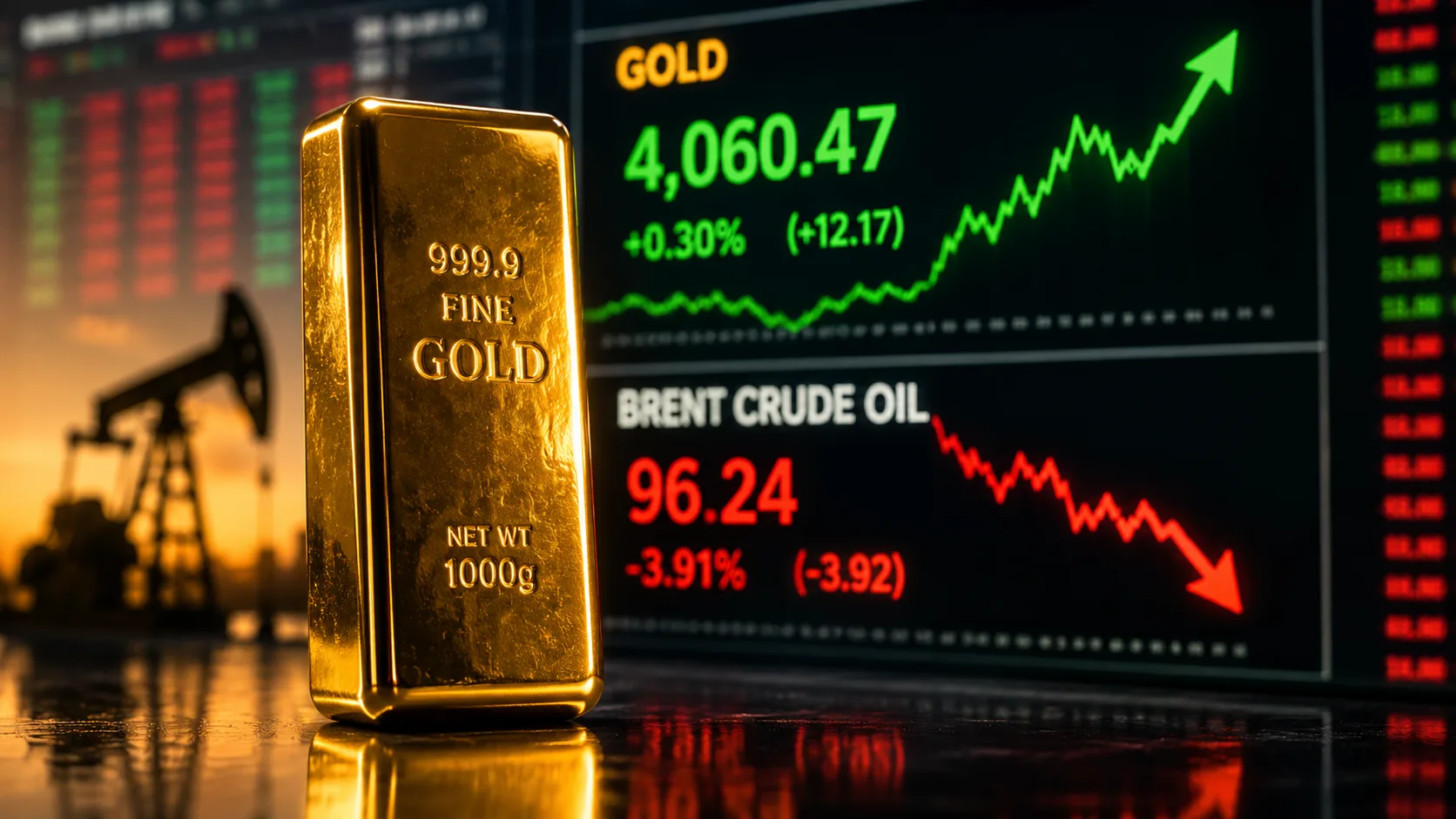 Gold bar in front of market charts showing gold prices rising as Brent crude oil prices fall.
