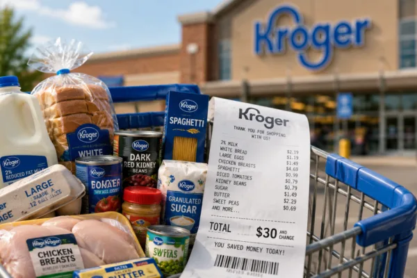 Shopping cart filled with groceries and a receipt outside a Kroger store after a study found Kroger had lower grocery prices than Walmart and Aldi.