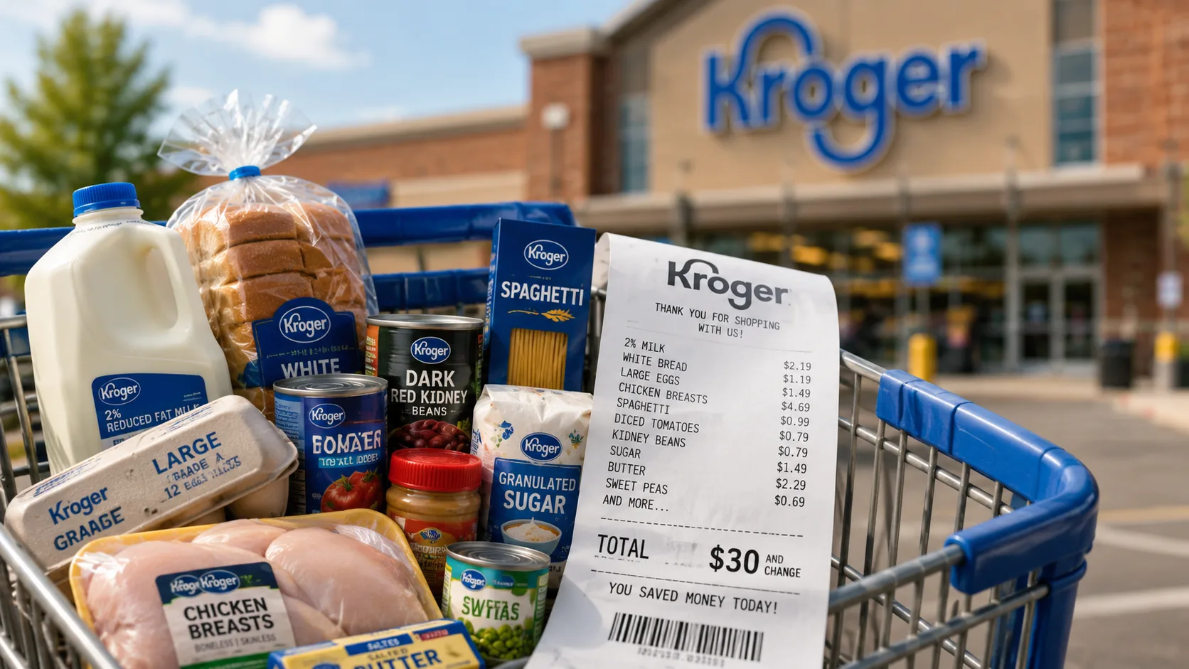 Shopping cart filled with groceries and a receipt outside a Kroger store after a study found Kroger had lower grocery prices than Walmart and Aldi.