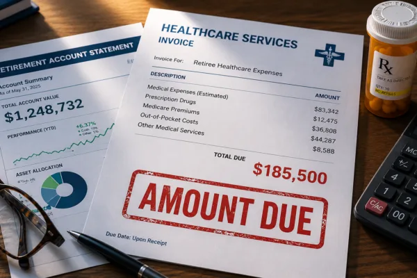 Medical bill showing a $185,500 healthcare cost next to a retirement account statement, illustrating rising healthcare expenses in retirement despite Medicare coverage.