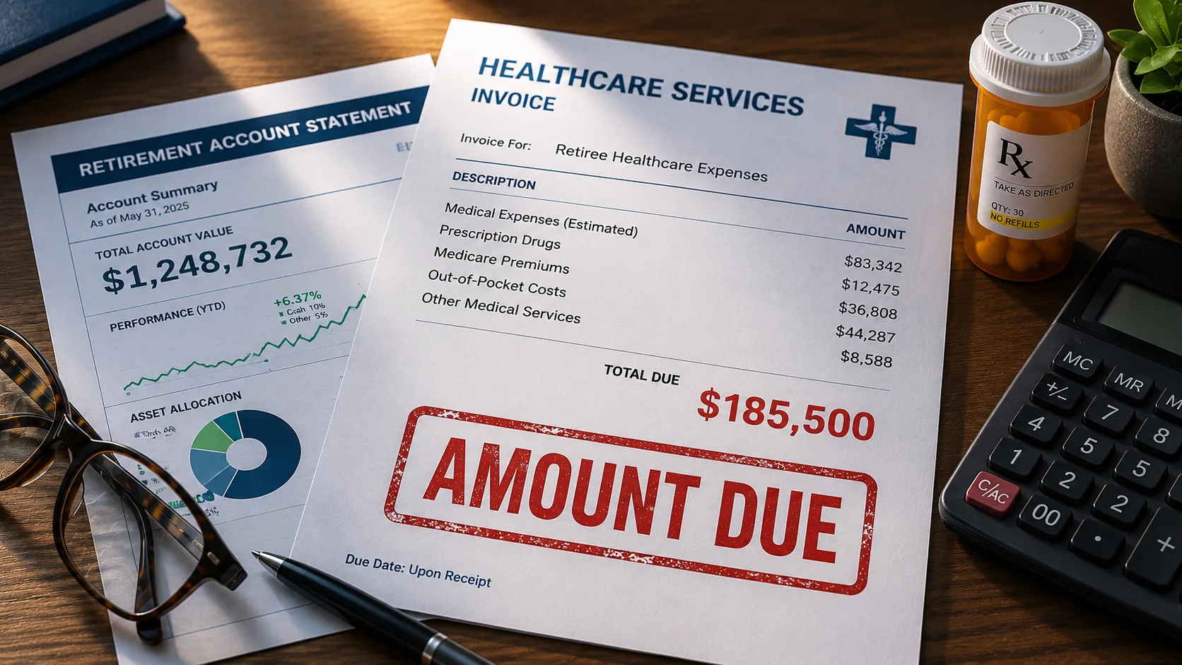 Medical bill showing a $185,500 healthcare cost next to a retirement account statement, illustrating rising healthcare expenses in retirement despite Medicare coverage.