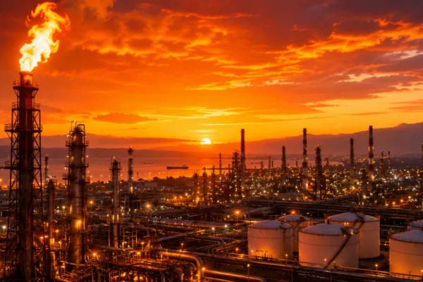 Oil refinery at sunset as Exxon and Chevron profits surge during the Iran war