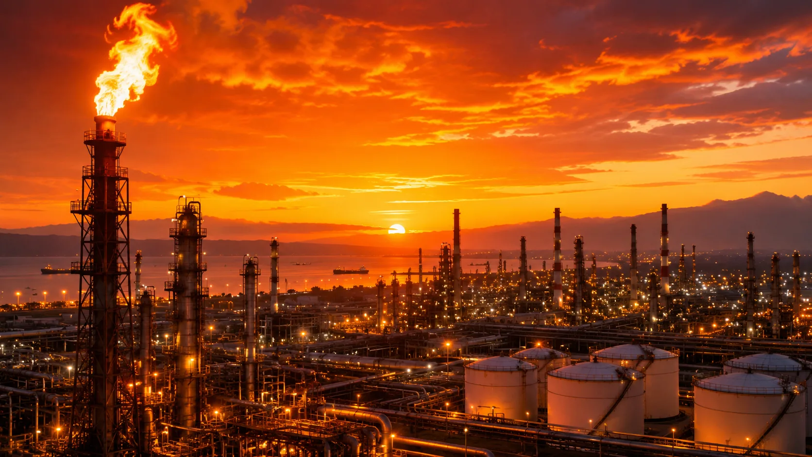 Oil refinery at sunset as Exxon and Chevron profits surge during the Iran war