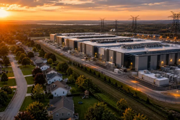 Aerial view of a massive AI data center built beside a residential neighborhood, highlighting growing community opposition to AI infrastructure expansion.