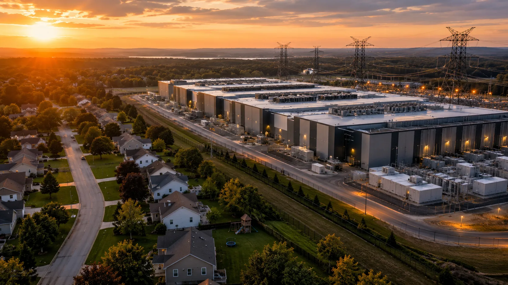 Aerial view of a massive AI data center built beside a residential neighborhood, highlighting growing community opposition to AI infrastructure expansion.