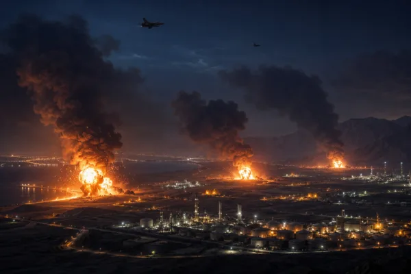 Nighttime explosions over southern Iran following mysterious unclaimed airstrikes that raised fears of escalating conflict in the Middle East.