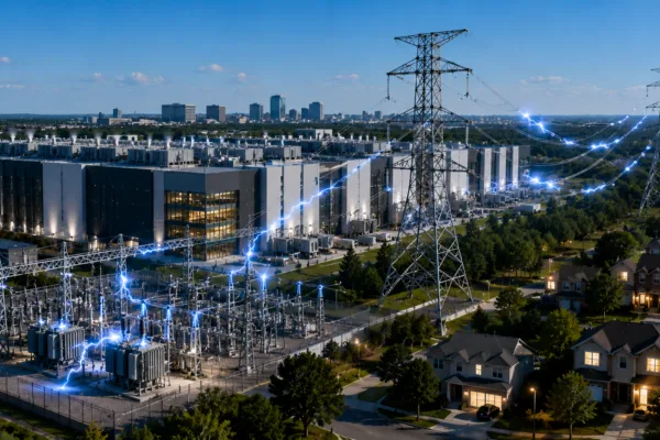 Illustration of a northern Virginia data center disconnect showing an AI data center, electrical substation, and high-voltage transmission lines during a regional power grid disturbance.