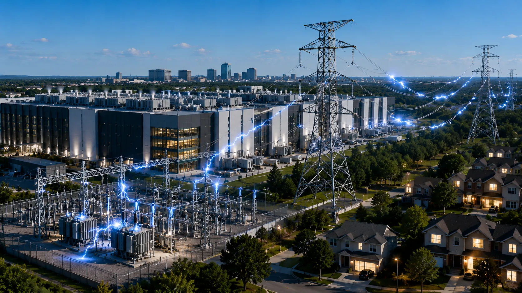 Illustration of a northern Virginia data center disconnect showing an AI data center, electrical substation, and high-voltage transmission lines during a regional power grid disturbance.