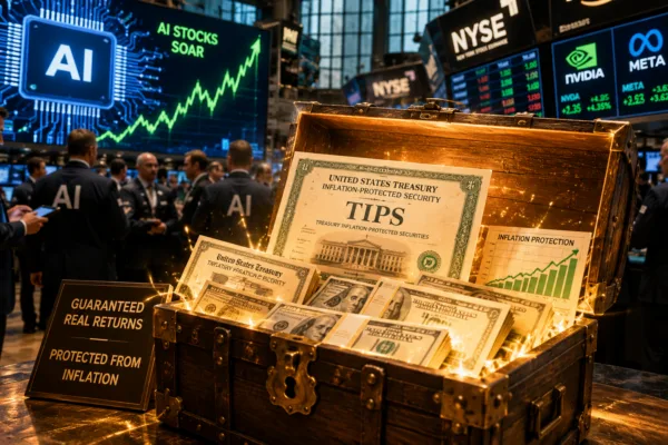 Treasury Inflation-Protected Securities and cash displayed in a treasure chest as investors focus on rising AI stocks.