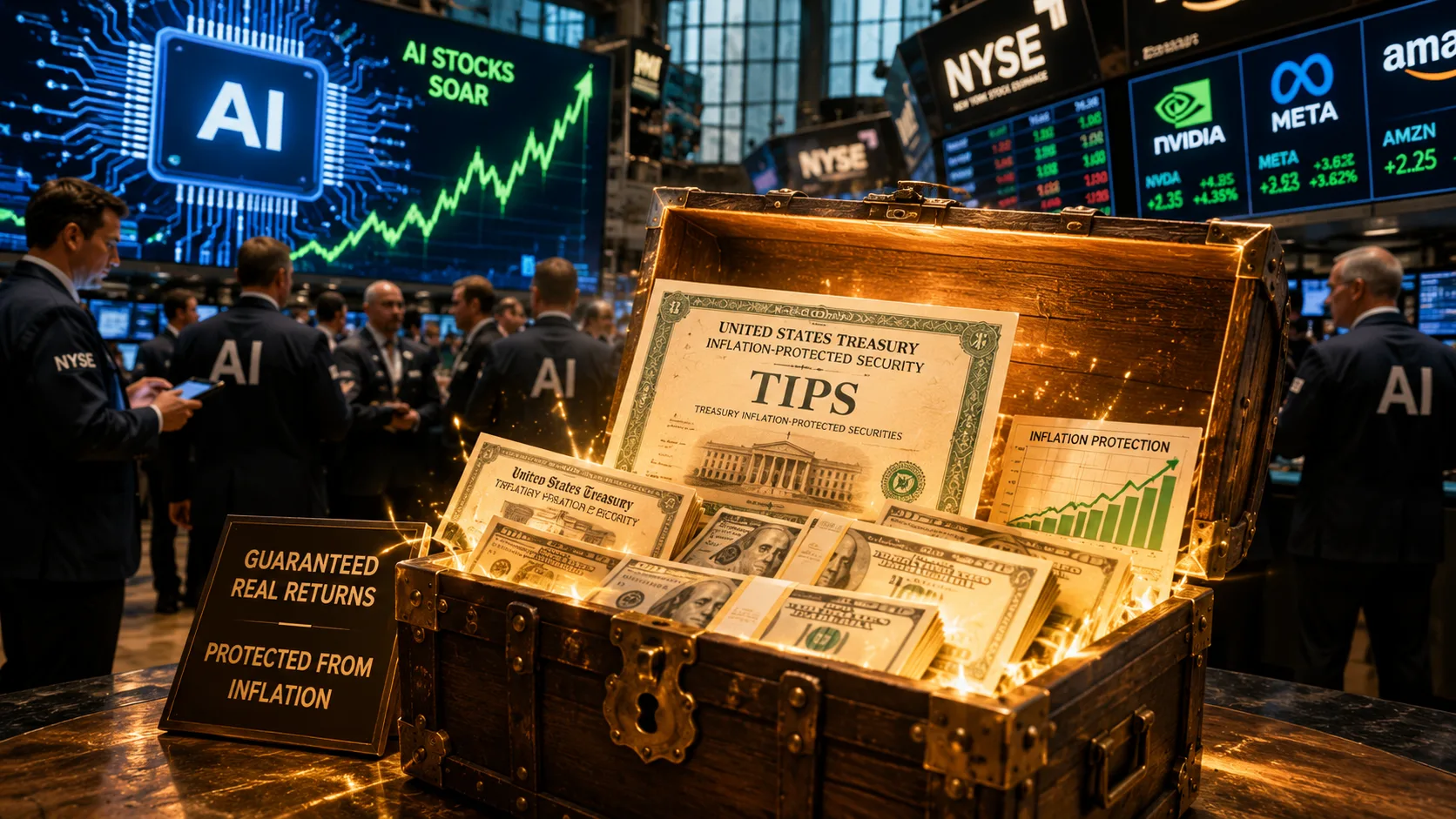 Treasury Inflation-Protected Securities and cash displayed in a treasure chest as investors focus on rising AI stocks.