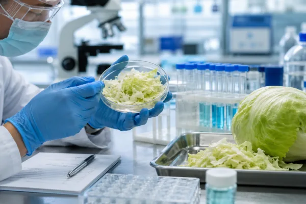 FDA laboratory scientist testing shredded iceberg lettuce during the cyclospora foodborne illness outbreak investigation.