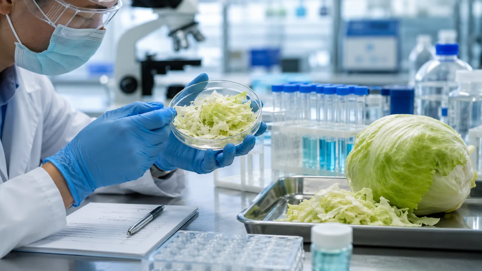 FDA laboratory scientist testing shredded iceberg lettuce during the cyclospora foodborne illness outbreak investigation.