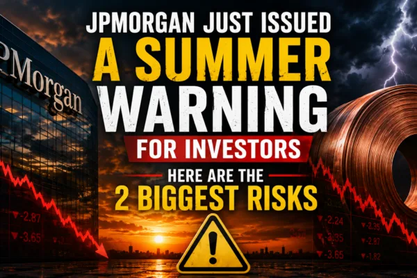 JPMorgan summer stock market warning featuring a falling stock chart, copper coil, and investor risk concept.