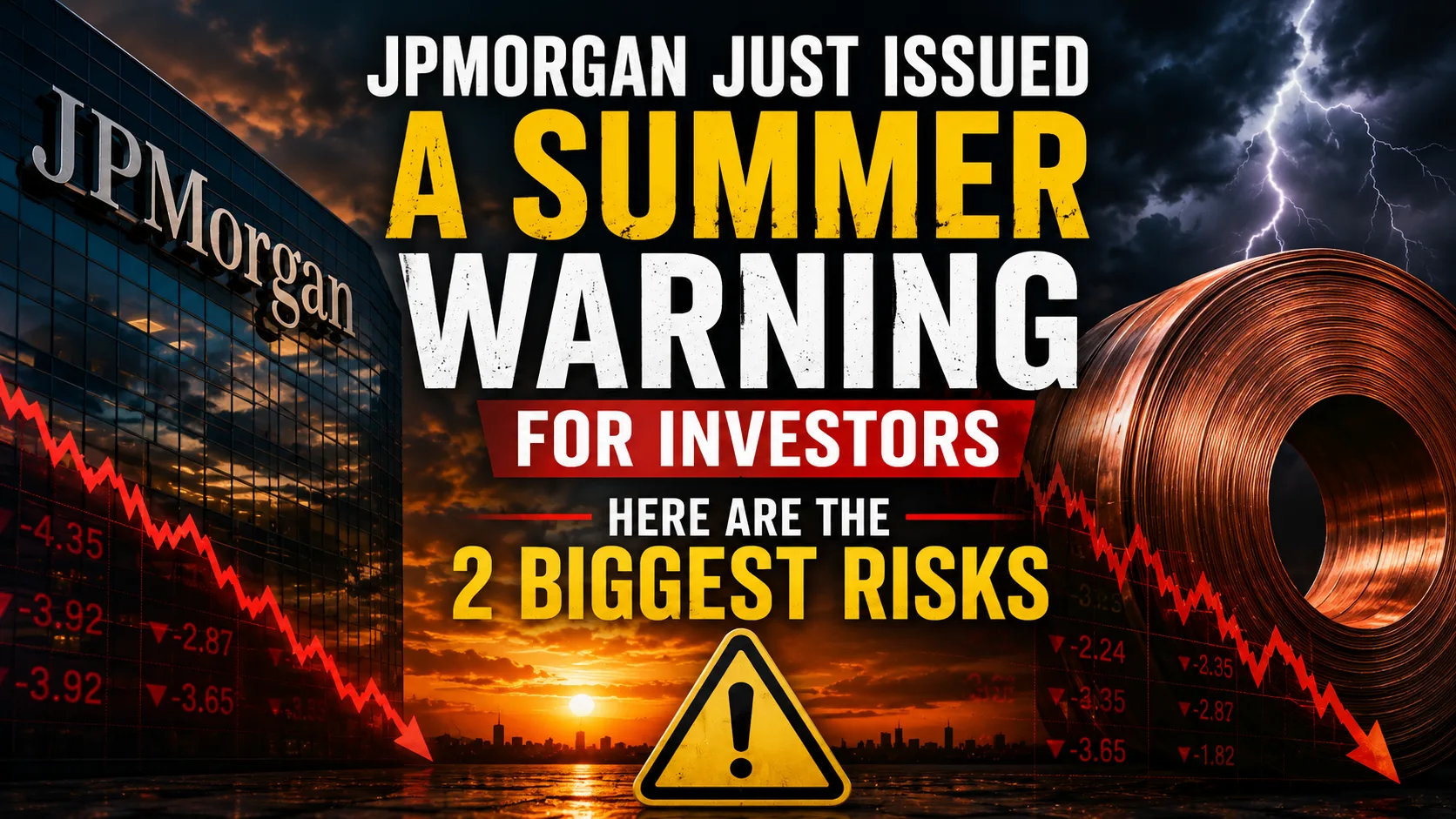 JPMorgan summer stock market warning featuring a falling stock chart, copper coil, and investor risk concept.