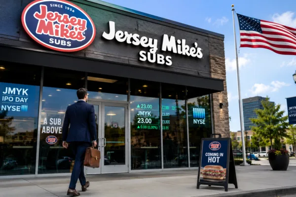 Exterior of a Jersey Mike's restaurant on the day of its initial public offering as investors evaluate the fast-growing sandwich chain's stock market debut.