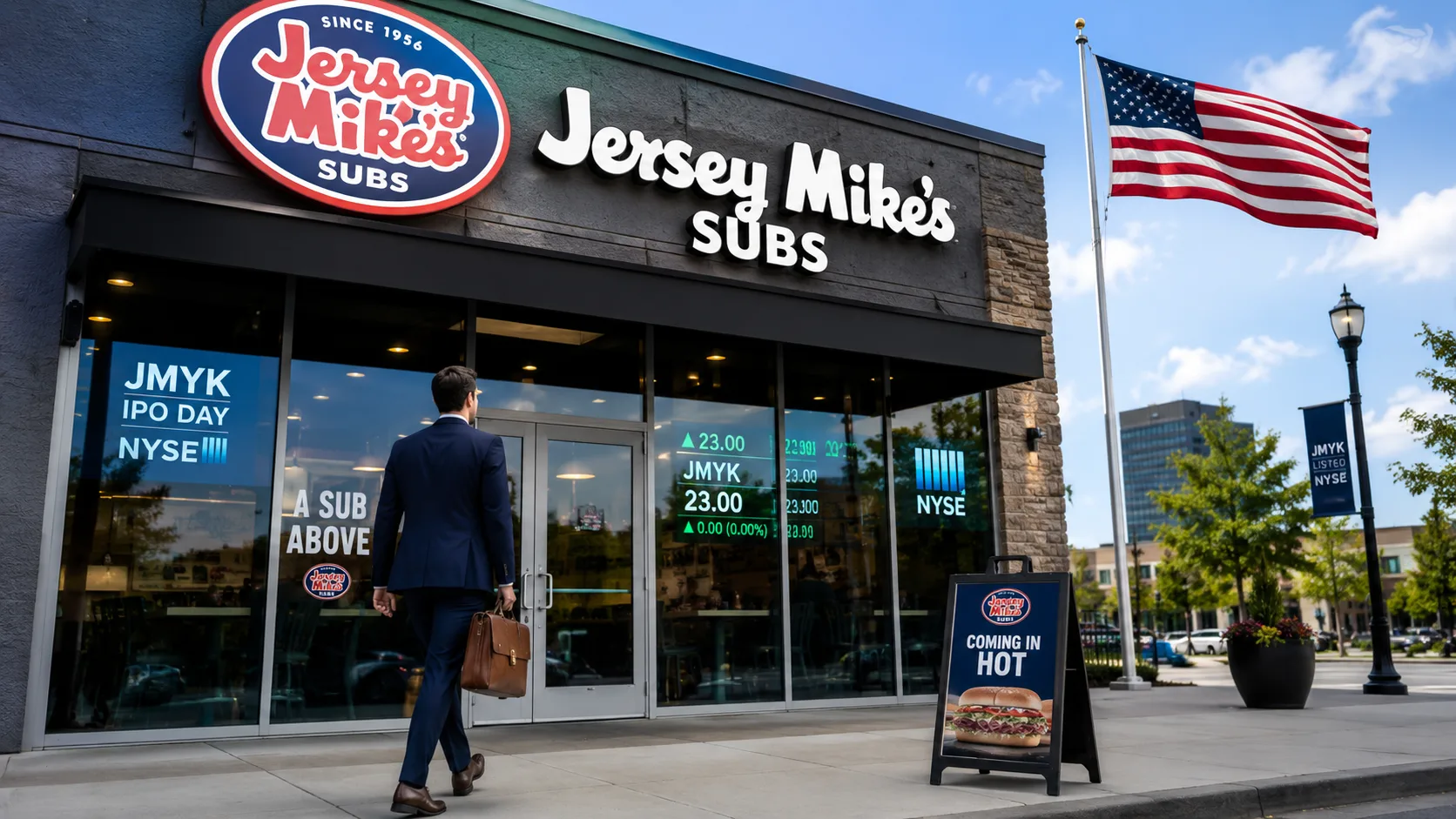 Exterior of a Jersey Mike's restaurant on the day of its initial public offering as investors evaluate the fast-growing sandwich chain's stock market debut.