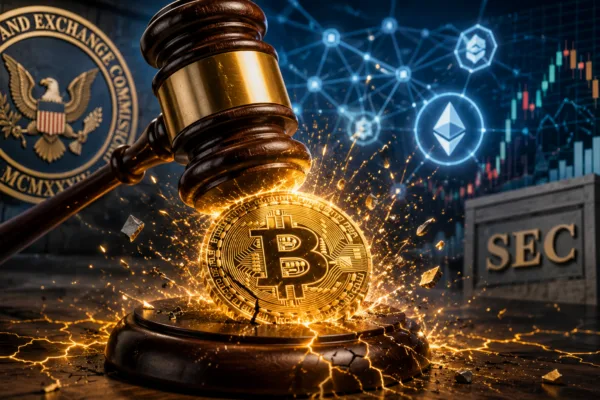Judge's gavel striking a glowing Bitcoin with SEC seal and blockchain graphics, symbolizing new U.S. cryptocurrency regulations.