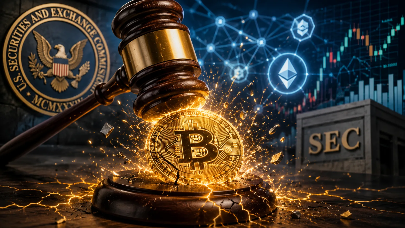 Judge's gavel striking a glowing Bitcoin with SEC seal and blockchain graphics, symbolizing new U.S. cryptocurrency regulations.