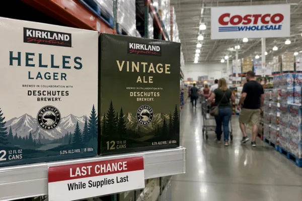 Award-winning Kirkland Signature Helles Lager and Vintage Ale displayed inside a Costco warehouse before being discontinued.