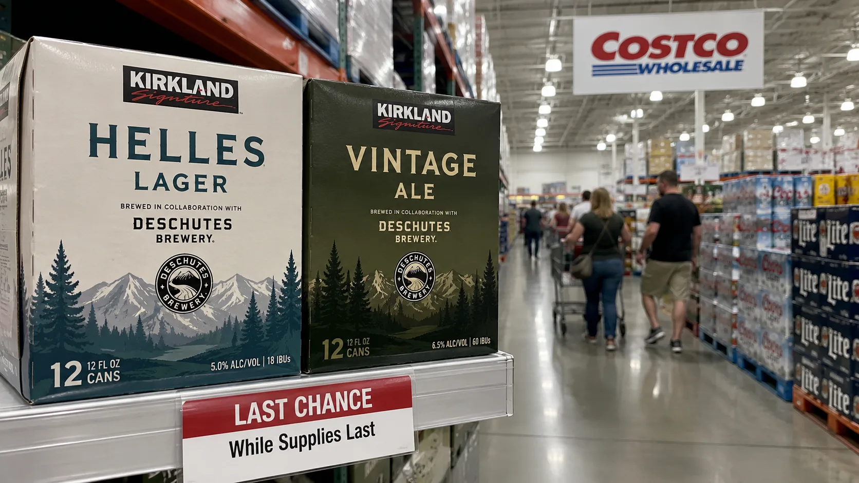 Award-winning Kirkland Signature Helles Lager and Vintage Ale displayed inside a Costco warehouse before being discontinued.