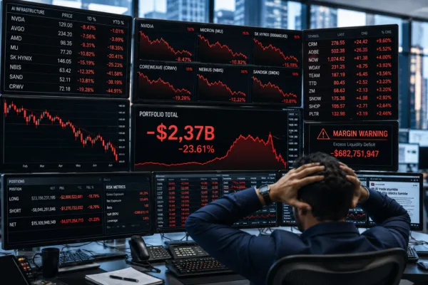 Trader watches AI stock losses across multiple monitors as former OpenAI researcher Leopold Aschenbrenner's AI hedge fund unwinds positions after steep losses.