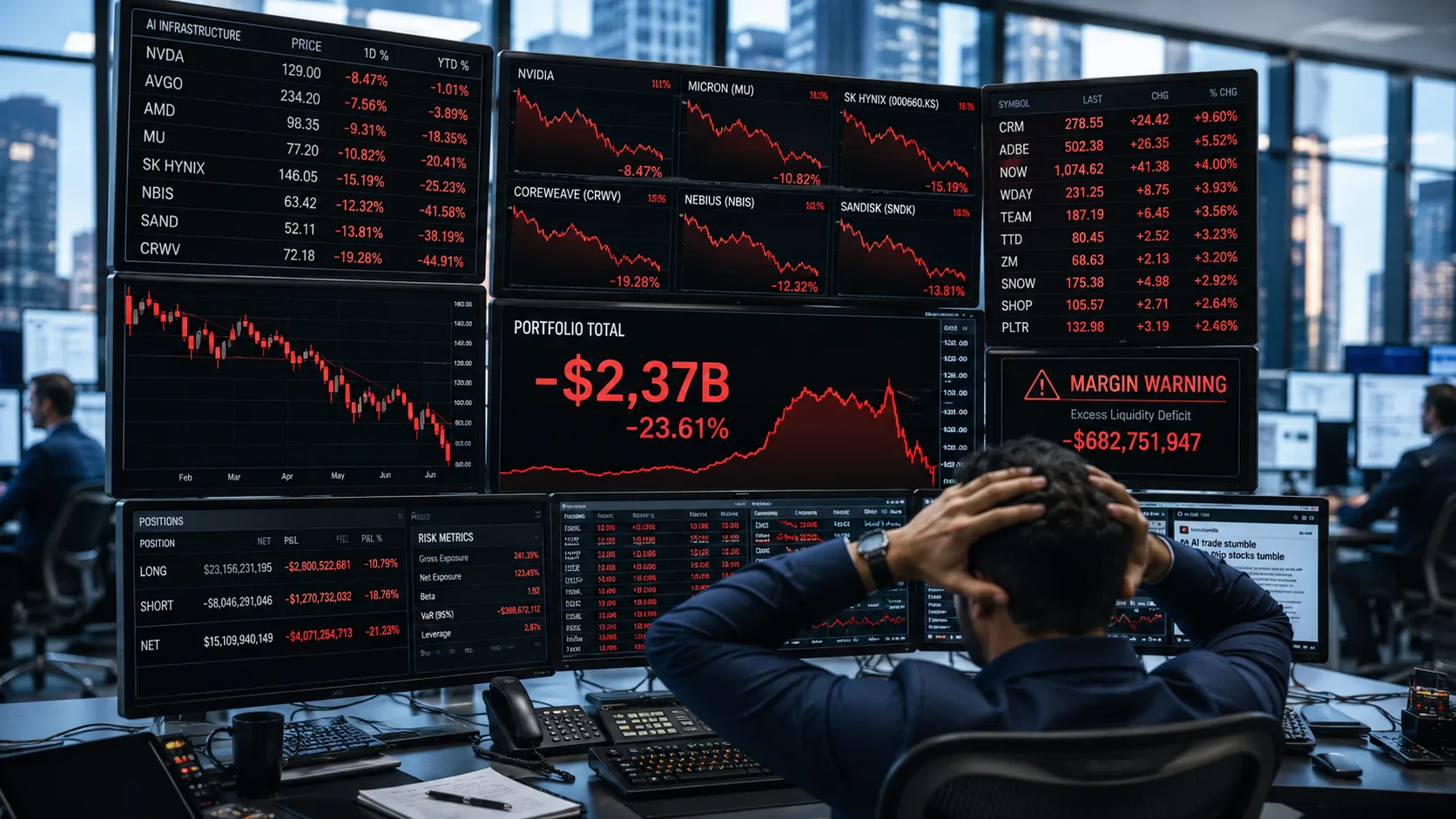 Trader watches AI stock losses across multiple monitors as former OpenAI researcher Leopold Aschenbrenner's AI hedge fund unwinds positions after steep losses.