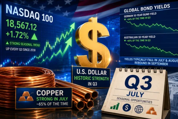 Digital illustration showing the Nasdaq 100, U.S. dollar, copper, and bond market charts representing Bank of America's top seasonal investment opportunities for the third quarter.