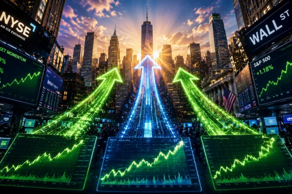 Hero image showing Wall Street trading screens with three rising stock charts symbolizing the top stocks Wall Street analysts believe could outperform the market.