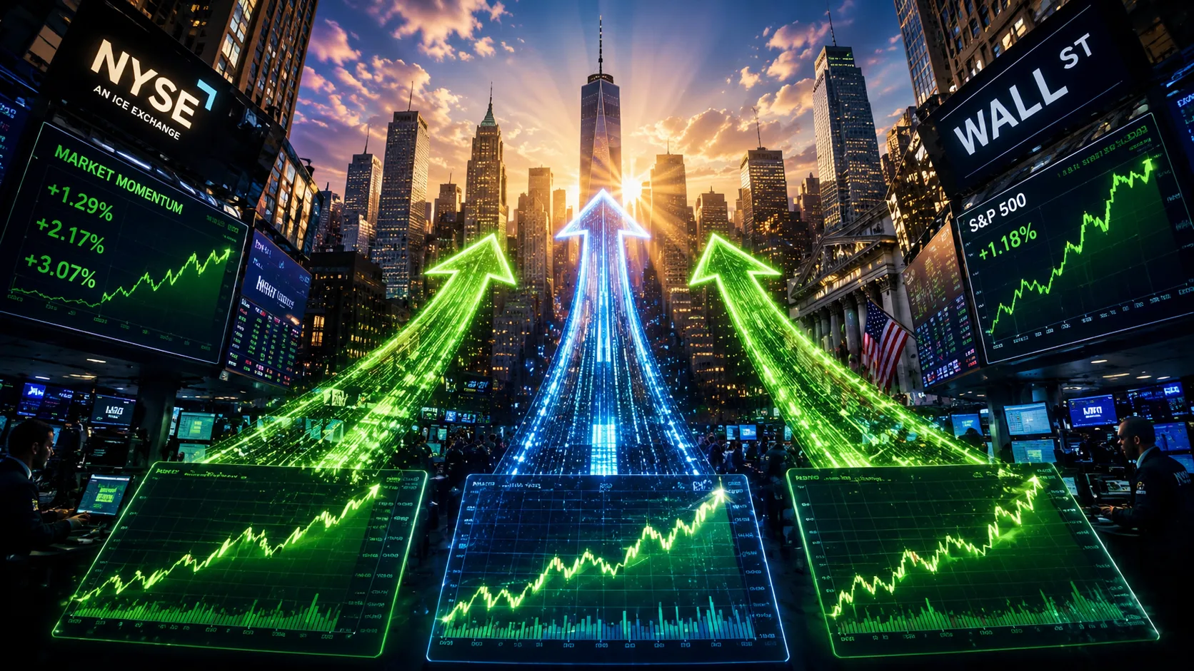 Hero image showing Wall Street trading screens with three rising stock charts symbolizing the top stocks Wall Street analysts believe could outperform the market.