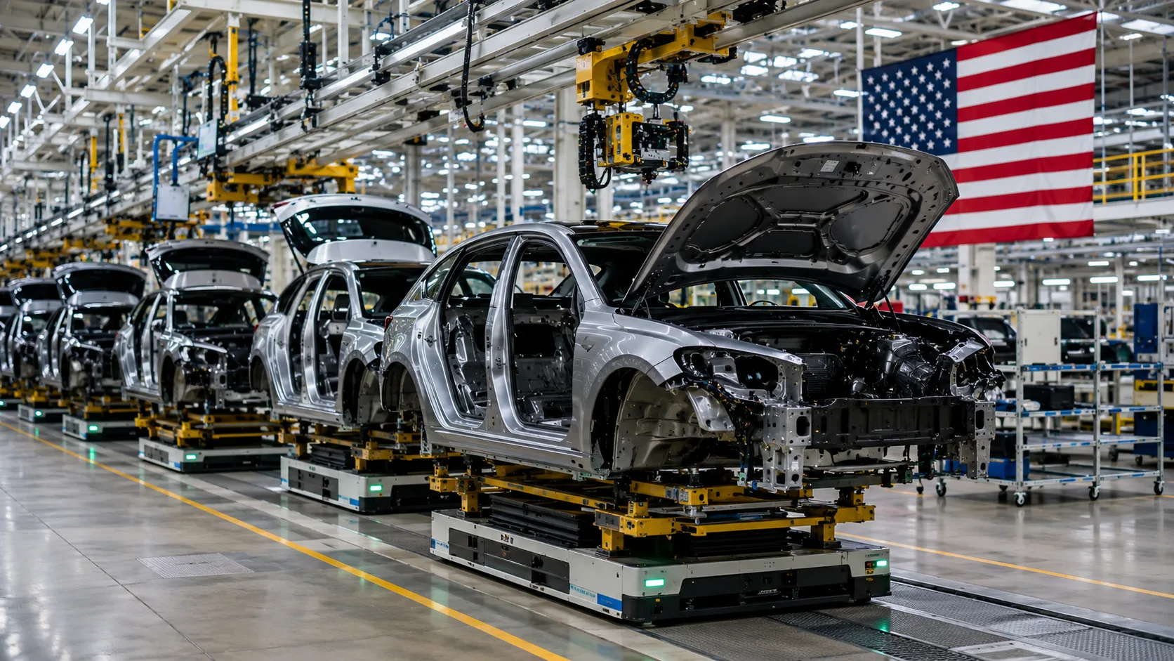 Modern automotive assembly line inside a U.S. vehicle manufacturing plant as lawmakers consider restrictions on connected cars with Chinese ownership ties.